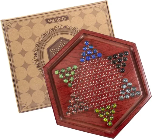 Vista 6 de AMEROUS Juego de mesa de damas chinas de madera de 13.6 pulgadas con 60 canicas de vidrio coloridas, juego de estrategia clásico para niños