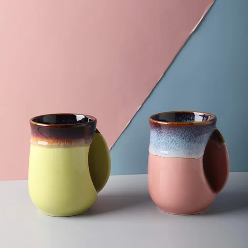 Vista 9 de Selamica - Taza de porcelana de 18 onzas con calentador de manos para diestros, taza de café, taza de té para familiares y pareja - Azul