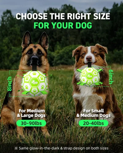 Vista 6 de QDAN Juguetes prémium para perros que brillan en la oscuridad, pelota de perro con correas, pelota de fútbol para perros, juguetes para perros al