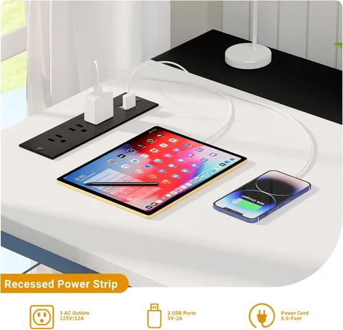 Vista 4 de iSunirm Escritorios para computadora de 55 pulgadas con tomas de corriente y puertos de carga USB, escritorio de oficina moderno para espacios