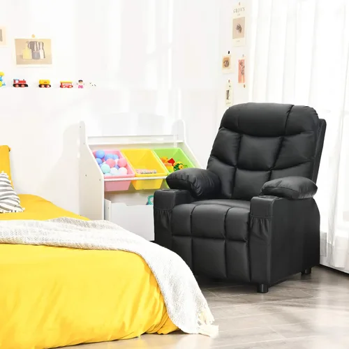Vista 10 de Costzon Silla reclinable para niños con soporte para tazas, silla de salón de cuero ajustable con reposapiés y bolsillos laterales para habitación