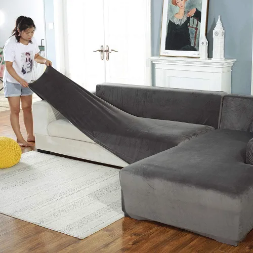 Vista 9 de ZPEE Funda elástica de felpa para sofá modular en forma de L, a prueba de polvo, protector de sofá para perro, cojín de sofá esquinero Marrón