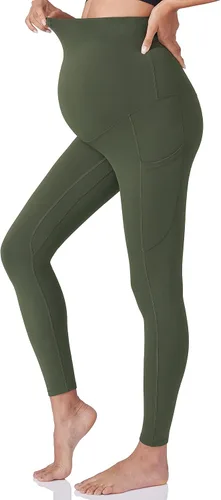 Vista 2 de POSHDIVAH Leggings de entrenamiento de maternidad para mujer sobre el vientre, pantalones de yoga con bolsillos, ropa deportiva suave, pantalones