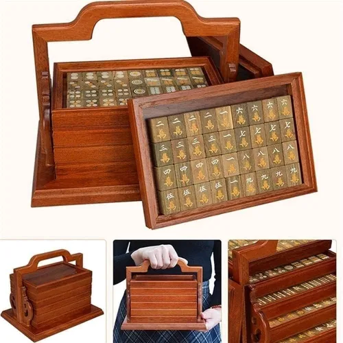 Vista 3 de Juego de mahjong chino, juegos tradicionales de mahjong, juego de mahjong de madera, 144 azulejos, juego de Majhong de viaje portátil