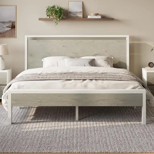 Vista 19 de Base de cama Allewie de tamaño individual con cabecero y pie de cama de madera, soporte de listones de metal resistentes, no requiere somier