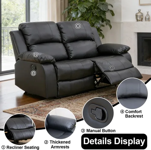 Vista 3 de Sofá reclinable de cuero, juego de muebles de sofá biplaza reclinable manual de 2 asientos, moderno sofá biplaza reclinable con reposabrazos