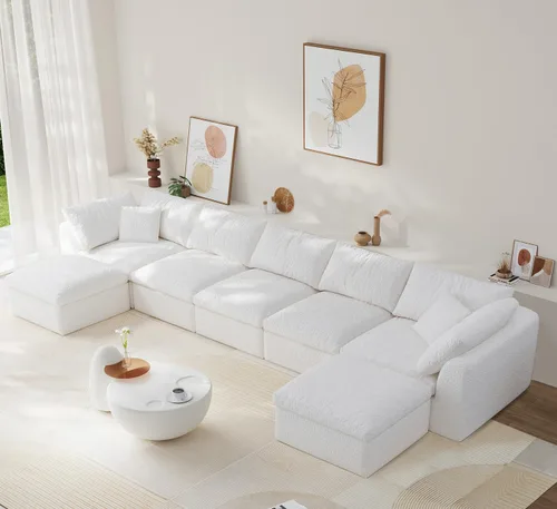 Vista 22 de Sofá modular de nube sin hueso de 108 pulgadas con asiento profundo para sala de estar, sofá en forma de L con otomana, tela de copo de nieve y Negro