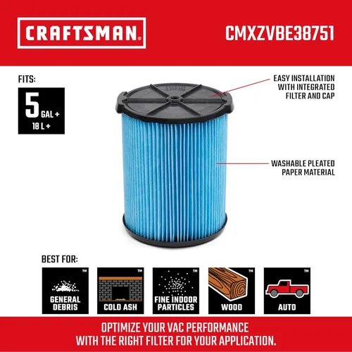 Vista 2 de CRAFTSMAN CMXZVBE38751 - Filtro de vacío para polvo fino en seco y húmedo (5-20 galones) Se adapta a la mayoría de aspiradoras CRAFTSMAN de 5 a 20