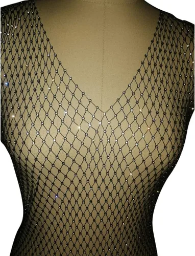 Vista 5 de Vestido sexy de malla transparente para mujer, traje de baño sin mangas, con diamantes de imitación Negro