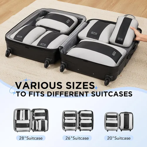 Vista 7 de Juego de 6 cubos de compresión para artículos esenciales de viaje, cubos de embalaje expandibles compresibles para maleta, bolsas organizadoras
