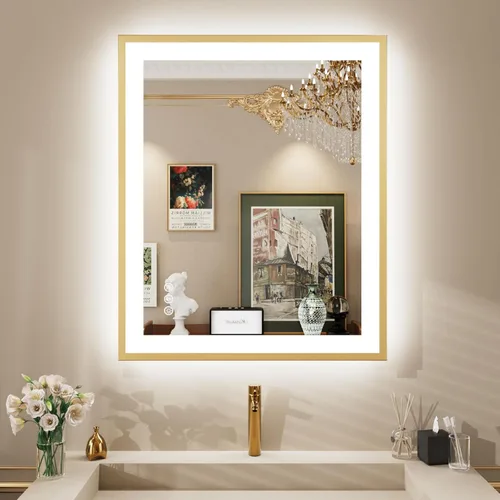 Vista 28 de Espejo de baño LED de 24x28 pulgadas con marco negro, espejos de baño retroiluminados y con luz frontal para pared, antiempañamiento, regulable