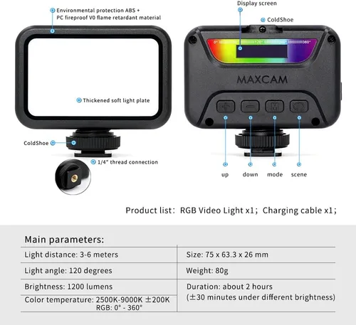 Vista 5 de MAXCAM Luz de video colorida RGB en la cámara, 0-360 grados a todo color, opciones de temperatura de color 2500K - 9000K, lámpara de atmósfera