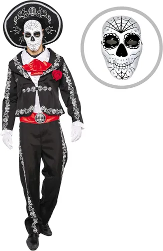 Vista 5 de Spooktacular Creations Conjunto de disfraz para hombre del Día de los Muertos, Mariachi Senor para adultos, fiesta de disfraces de Halloween, Día