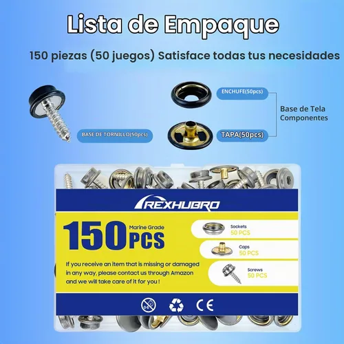 Vista 2 de Kit de broches de lona, broches de acero inoxidable de grado marino para cubierta de barco - Kit de broches para cubierta de barco de 3/8" broches