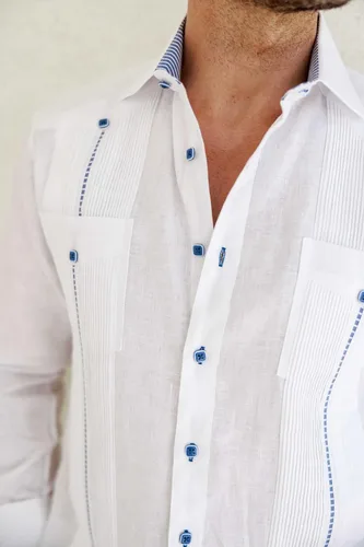 Vista 8 de Mojito Guayabera Camisa Chacabana 100% lino con contraste de manga larga y puño francés