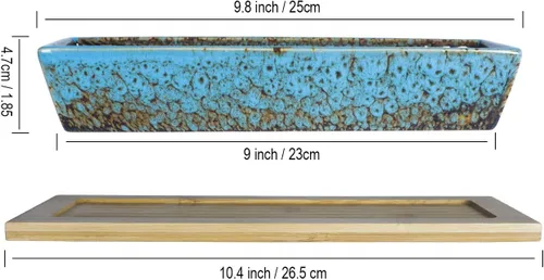 Vista 5 de ARTKETTY Macetas para suculentas – Macetas grandes para suculentas con bandeja de drenaje, 1 maceta rectangular + 1 maceta redonda para bonsái