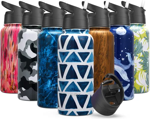 Vista 10 de THILY - Botella de agua deportiva aislada al vacío – Botella de agua de acero inoxidable de 32 onzas a prueba de fugas de boca ancha con tapa Mar