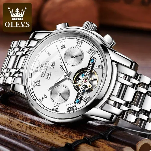 Vista 7 de OLEVS Relojes automáticos de cuerda automática para hombre, fecha y día, calendario, relojes de acero inoxidable, movimiento esquelético