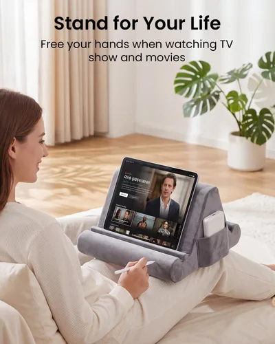 Vista 2 de CreaDream Soporte de almohada para tableta, almohadilla suave para regazo, soporte para tablet para cama con 3 ángulos de visión, bolsillo, soporte