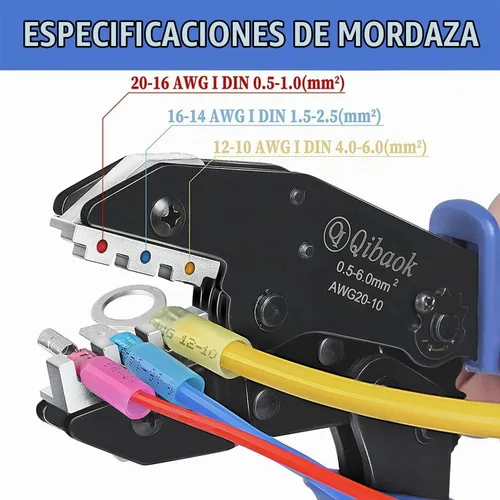 Vista 5 de Qibaok Crimpadora de cables de trinquete para conectores termorretráctiles, terminales de trinquete, herramienta de crimpado de alambre AWG 22-10