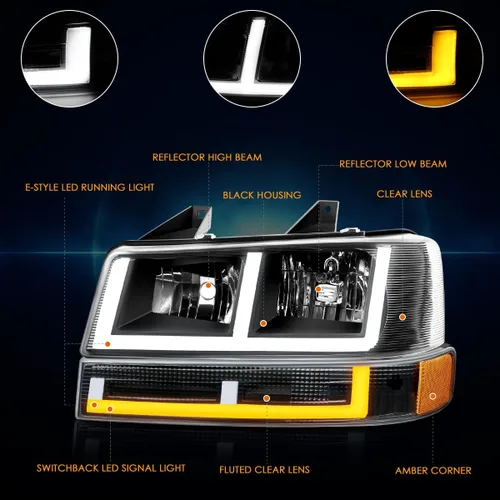Vista 3 de PM PERFORMOTOR [4 piezas] Faros LED DRL en forma de E + lámparas de parachoques compatibles con Chevy Express 03-24/GMC Savana, carcasa