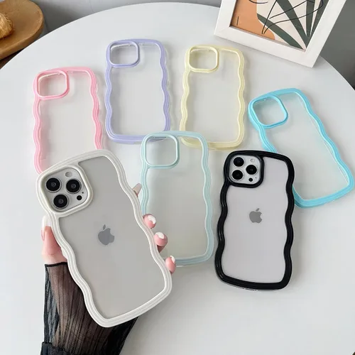 Vista 6 de Caseative Funda para iPhone 13 Pro Max, color negro Forma de marco de onda rizada linda a prueba de golpes suave