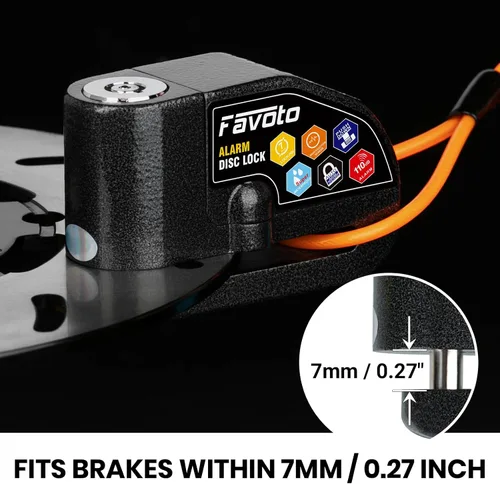 Vista 2 de Favoto Bloqueo de disco de alarma, 3 llaves y 18 baterías (5 años de disponibilidad), candado de freno de seguridad antirrobo impermeable de 110 dB