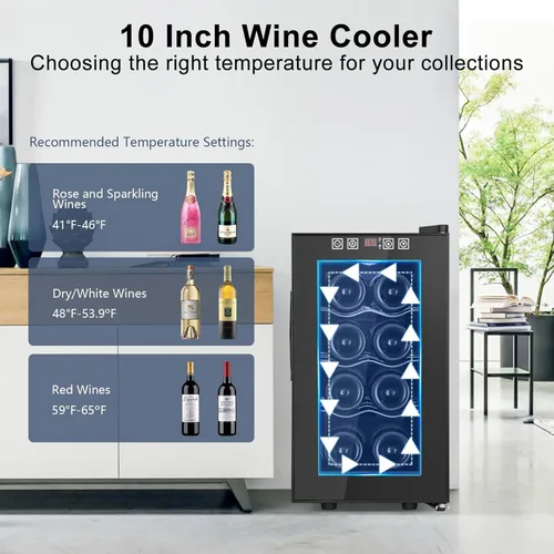 Vista 4 de Refrigerador Enfriador de Vinos de 8 Botellas, Refrigerador Pequeño de Vino, Mini Refrigerador de Vino de Encimera con Puerta de Vidrio, Bodegas