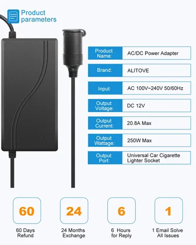 Vista 4 de ALITOVE Convertidor de CA a CC de 110 V a 12 V 20.8 A 250 W con enchufe para encendedor de cigarrillos de automóvil y cable de extensión