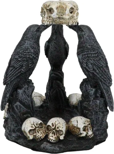 Vista 5 de Ebros Gift Gótico Macabre Quoth The Raven Nevermore Trio 3 Ravens with Skulls Backflow Incienso Cono Quoth Figurine Ravens Crows Wicca Brujería