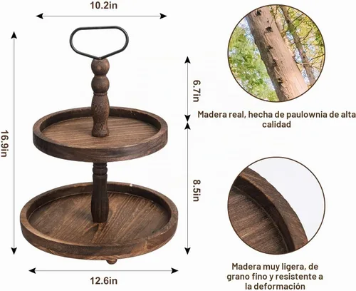 Vista 5 de Bandejas decorativas de madera de granja de dos niveles + bandeja de piel sintética, soporte de madera de 2 niveles para centro de mesa rústica