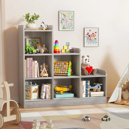 Vista 7 de Derfullo Estantería para libros, organizadores y almacenamiento de juguetes de 6 cubos, estantería Montessori pequeña de suelo abierto para Gris