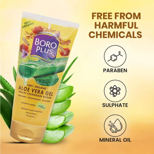 Vista 3 de Boroplus Gel de aloe vera Gel hidratante con Haldi, Chandan y Kesar Gel facial no pegajoso Elimina espinillas y manchas oscuras Proporciona