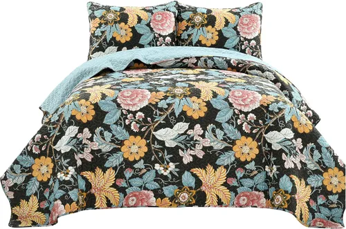 Vista 8 de Lush Decor Sydney - Juego de edredón reversible de algodón, juego de 3 piezas, matrimonial/queen, negro y azul, juego de ropa de cama de algodón