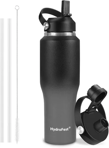 Vista 10 de Botella de agua de 32 onzas aislada con popote, botellas de agua a prueba de fugas, botella de agua para hombre, acero inoxidable para gimnasio