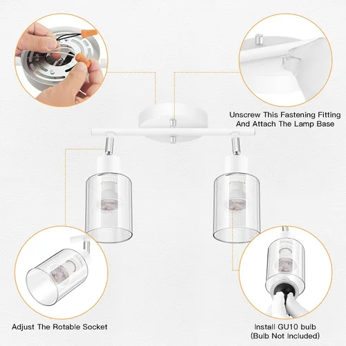 Vista 4 de BoostArea Lámparas de baño de 2 luces, modernas luces blancas de pared con pantalla de vidrio transparente, luz de techo flexible para espejo