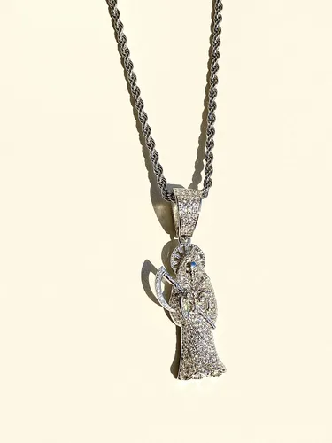 Vista 4 de Shop-iGold Iced Santa Muerte Hombres Mujeres 925 Italia Colgante de plata helada Ice Out de acero inoxidable real 0.118in cuerda cadena, Mans