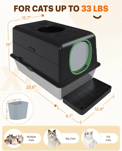 Vista 2 de Caja de arena XL de acero inoxidable para gatos con tapa, diseño cerrado de entrada superior, caja de arena grande de metal para gatos equipada