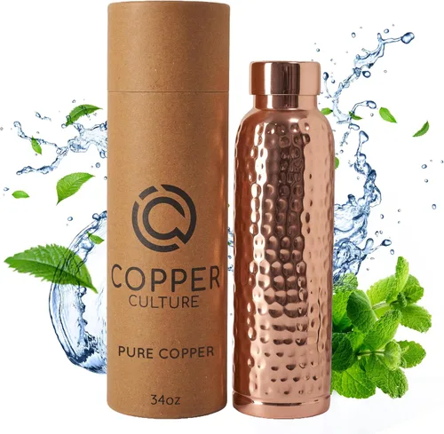 Vista 9 de Juego de 2 botellas de agua de cobre con vasos, botellas de cobre puro con acabado martillado de 34 onzas con vasos para beber, recipiente a prueba