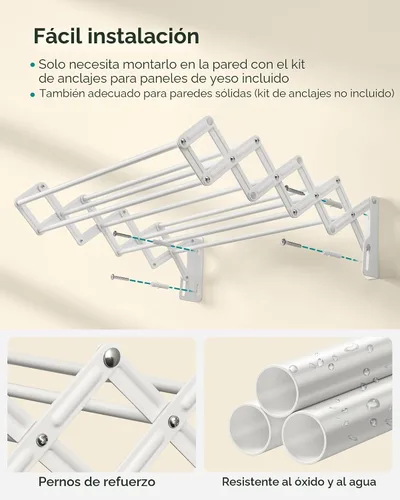Vista 3 de SONGMICS Estante de secado de ropa, estante de secado de ropa montado en la pared, pequeño estante de lavandería acordeón, 9 varillas colgantes
