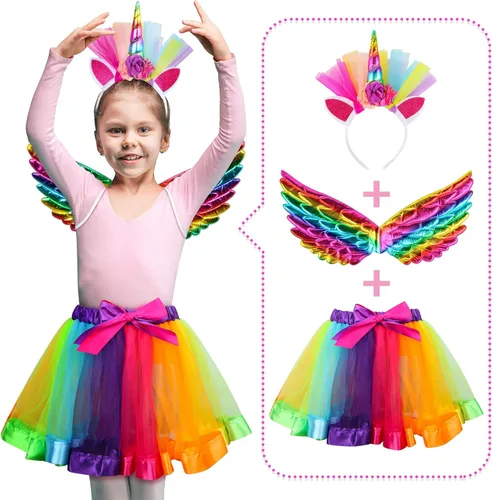 Vista 4 de Cocojeci 5 tutú de arcoíris en capas con ala de unicornio, diadema de sirena de unicornio, regalo para niñas