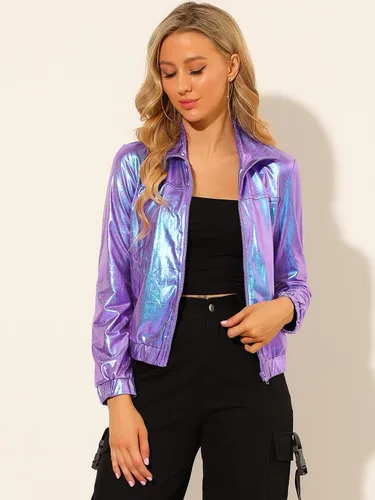 Vista 2 de Allegra K Chaqueta metálica holográfica brillante para mujer, manga larga, ligera, con cremallera