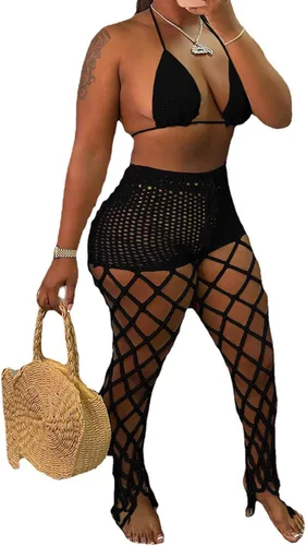 Vista 2 de Conjunto de 2 piezas sexy de verano para mujer, traje de playa con borlas transparentes de punto hueco y flecos, bikini con flecos, top