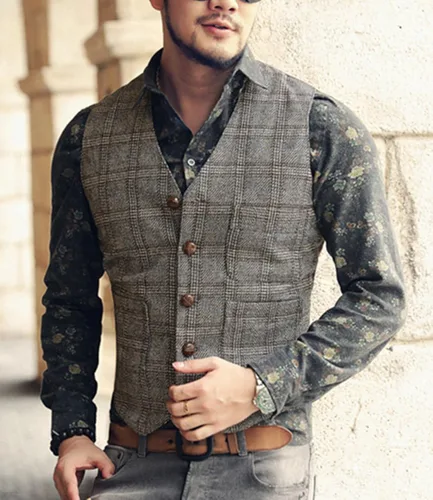 Vista 5 de Chaleco de traje vintage para hombre, de tweed a cuadros, ajuste regular, para padrinos de boda, Negro