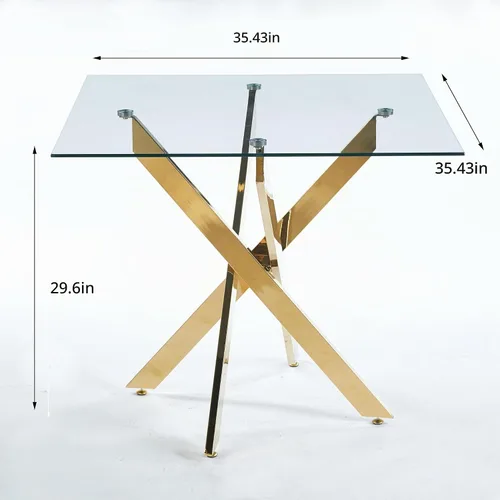 Vista 3 de Mesa de comedor cuadrada de 36 pulgadas para 2, 3, 4 personas, mesa de comedor moderna con patas de metal cromado dorado en forma de X, mesa