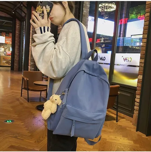 Vista 6 de CYee Cutecore - Mochila estética con colgante de oso, mochila para libros de preparación, suministros escolares, mochila de regreso a clases, Azul