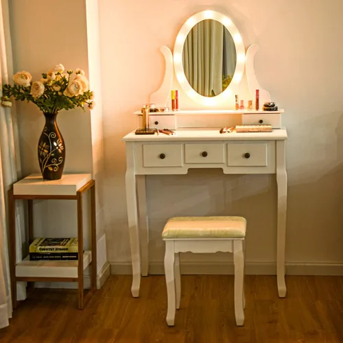 Vista 17 de Giantex Juego de tocador con espejo iluminado, mesa de maquillaje con 10 luces rosadas, escritorio de tocador moderno con taburete acolchado, 3