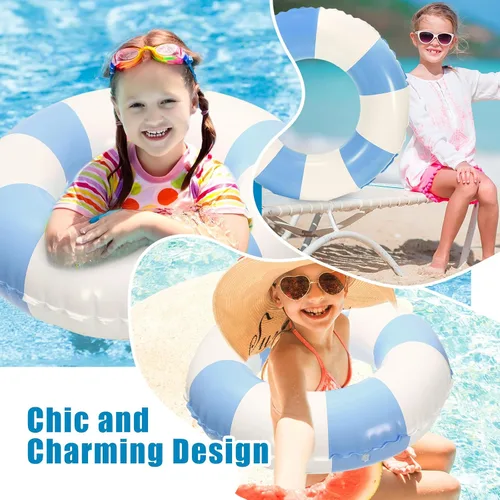 Vista 5 de Whaline Flotador inflable de natación de 4 piezas, anillo de natación a rayas, divertido estampado para piscina, tumbona, tubo para verano