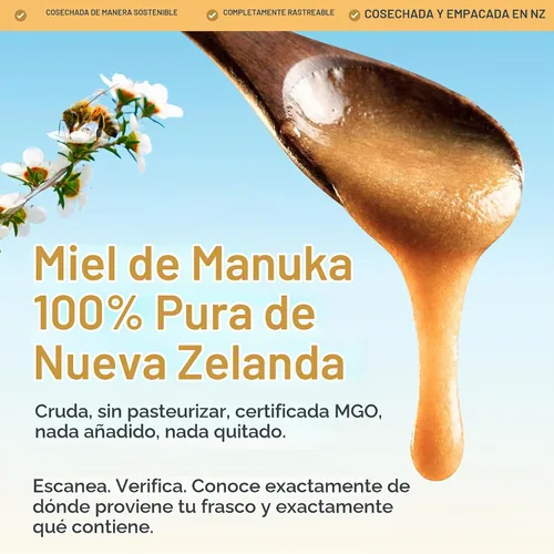 Vista 3 de Miel de Manuka de Nueva Zelanda pura 100% certificada MGO 50+ Miel natural cruda sin pasteurizar Totalmente rastreable, sin OMG, libre