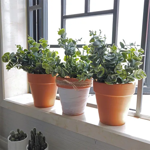 Vista 3 de Supla 3 piezas de hojas de eucalipto realistas, tallos de vegetación artificial, ramas de eucalipto sintético en gris y verde de 14.6 pulgadas